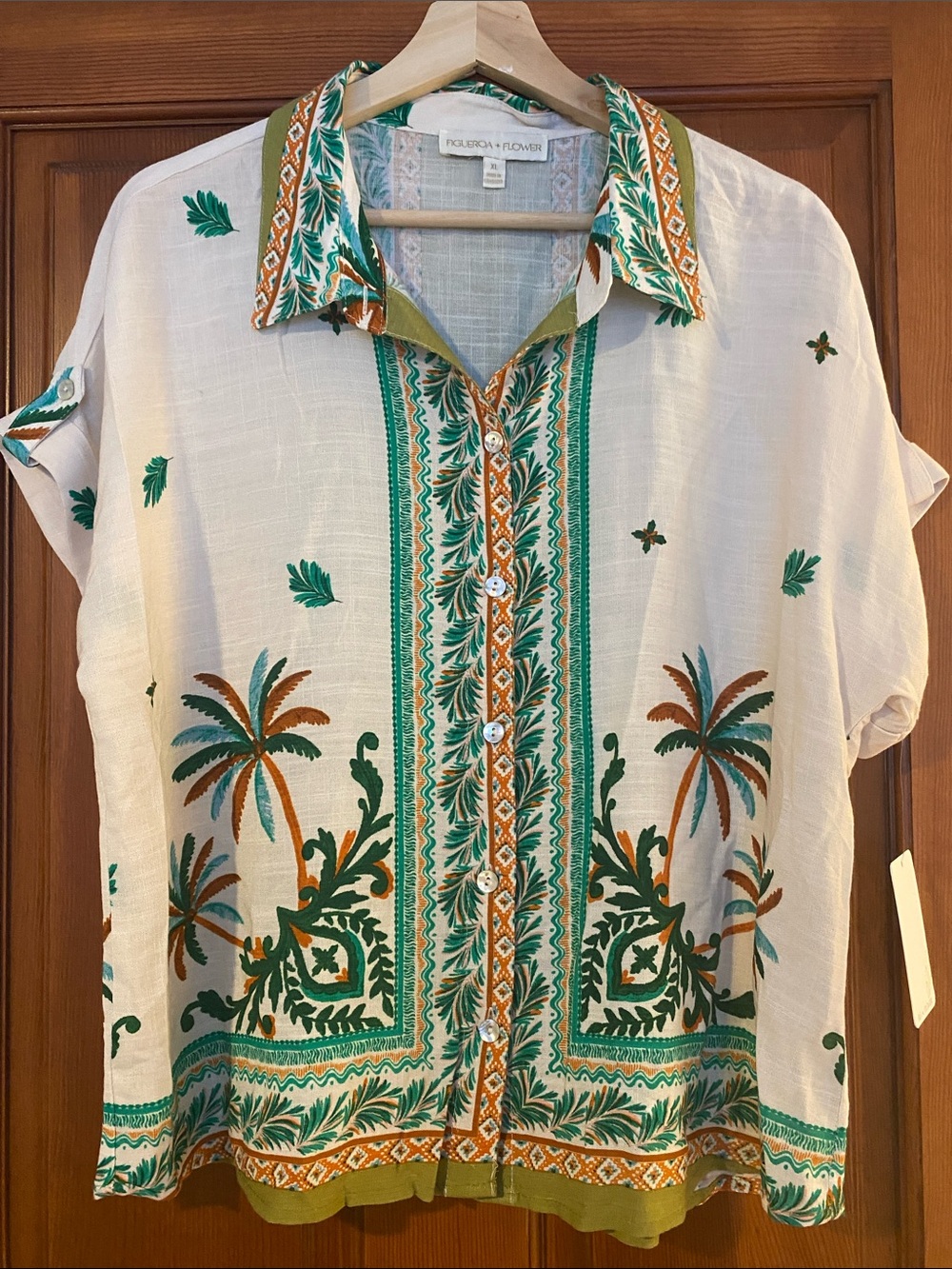 Lightweight White Blouse with Green & Brown Palm Print - Figueira Flower